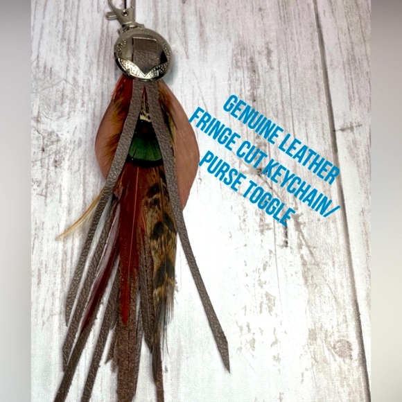 Brown Feather Detail Genuine Leather Fringe Keychain Purse Toggle - Picture 2 of 13